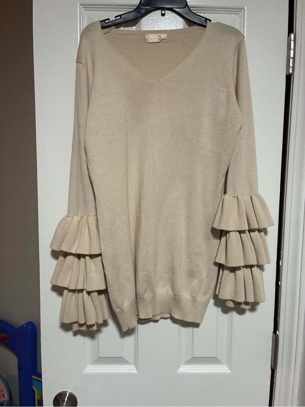 Neutral Ruffle-Sleeve V-Neck Sweater
